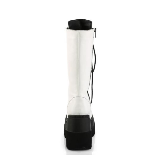 Image of Demonia SHAKER-72 Wht Vegan Leather 4 1/2 Inch Wedge PF Lace-Up Mid-Calf Boot Side Zip