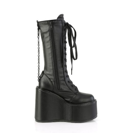 Image of Demonia SWING-150 Blk Stretch Vegan Leather 5 1/2 Inch PF Lace-Up Knee High Boot Side Zip