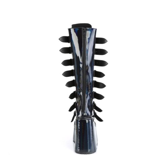 Image of Demonia SWING-815 Blk Holographic Pat 5 1/2 Inch PF Knee High Boot w/ 8 Buckle Straps Back Metal Zip