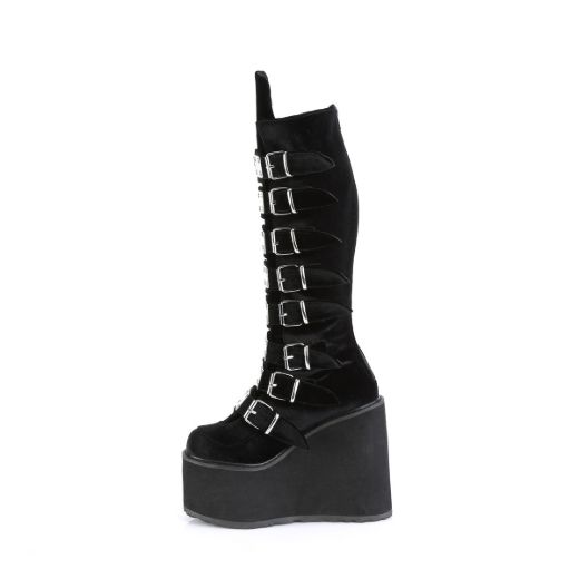 Image of Demonia SWING-815 Blk Velvet 5 1/2 Inch PF Knee High Boot w/ 8 Buckle Straps Back Metal Zip