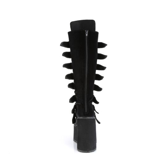 Image of Demonia SWING-815 Blk Velvet 5 1/2 Inch PF Knee High Boot w/ 8 Buckle Straps Back Metal Zip
