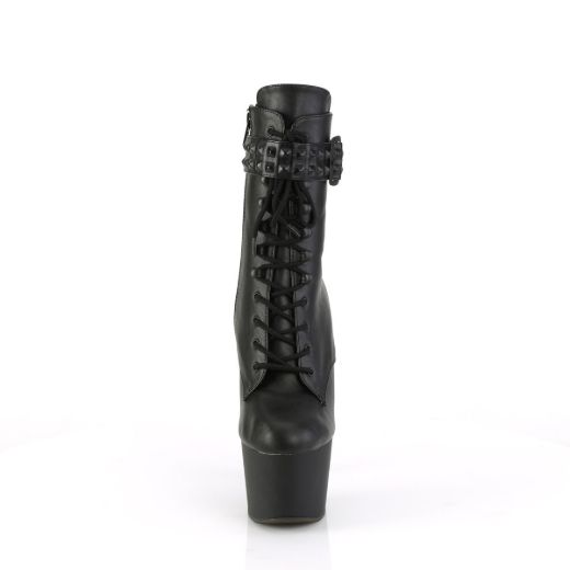 Image of Pleaser ADORE-1020STR Blk Faux Leather/Blk Matte 7 Inch Heel 2 3/4 Inch PF Lace-Up Front Ankle Boot Side Zip