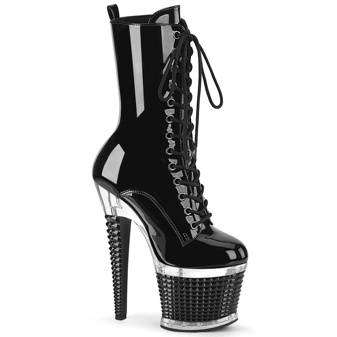 Product image of Pleaser SPECTATOR-1040 Blk Pat/Clr-Blk 7 Inch Heel 3 Inch Textured PF Lace-Up Front Ankle Boot Side Zip