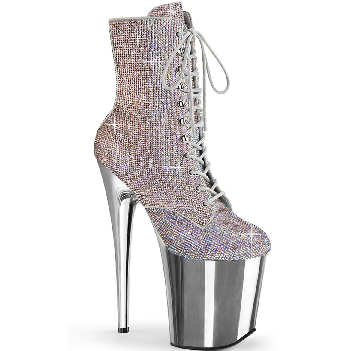 Product image of Pleaser FLAMINGO-1020CHRS Slv Multi RS/Slv Chrome 8 Inch Heel  4 Inch PF Lace-Up RS Embellished Ankle Boot Side Zip
