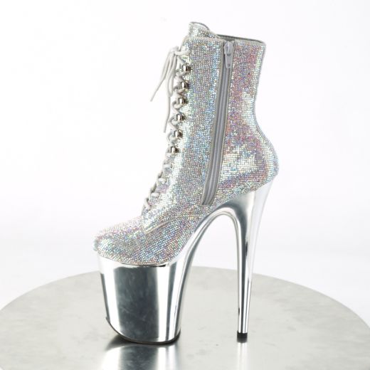 Product image of Pleaser FLAMINGO-1020CHRS Slv Multi RS/Slv Chrome 8 Inch Heel  4 Inch PF Lace-Up RS Embellished Ankle Boot Side Zip