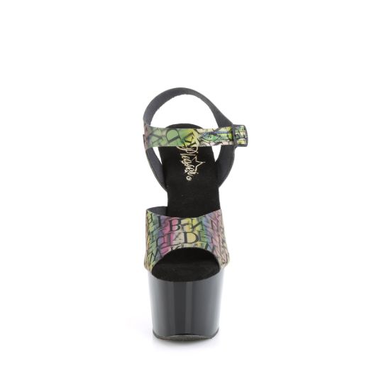 Product image of Pleaser ADORE-708N-LTP Green-Purple TPU/Blk 7 Inch Heel 2 3/4 Inch PF Ankle Strap Sandal