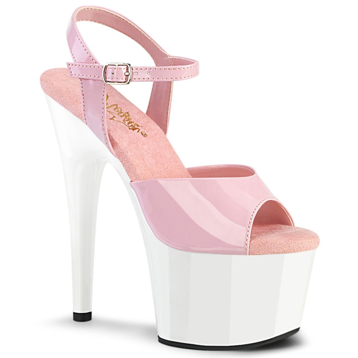 Product image of Pleaser ADORE-709 B. Pink Pat/Wht 7 Inch Heel 2 3/4 Inch PF Ankle Strap Sandal