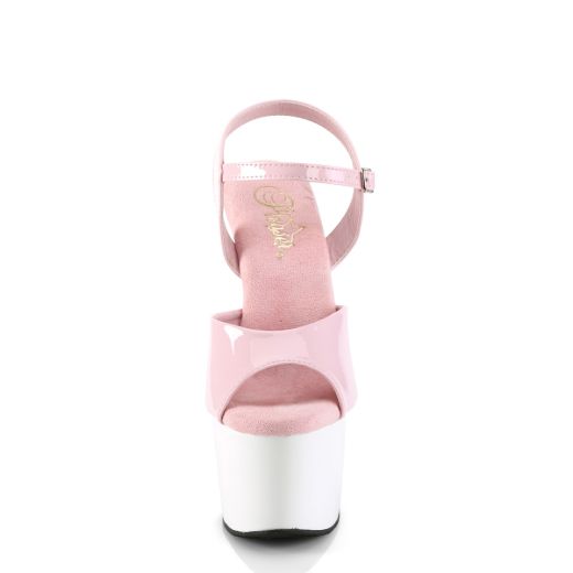 Product image of Pleaser ADORE-709 B. Pink Pat/Wht 7 Inch Heel 2 3/4 Inch PF Ankle Strap Sandal