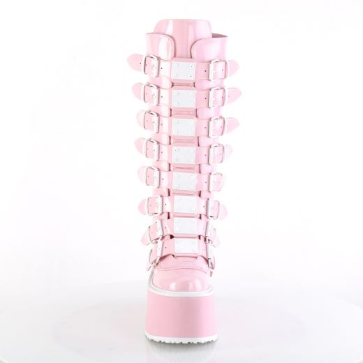 Product image of Demonia DAMNED-318 B. Pink Holo Pat 3 1/2 Inch PF KneeHigh Bootw/8 BuckleStraps Back Metal Zip