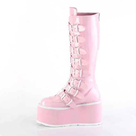 Product image of Demonia DAMNED-318 B. Pink Holo Pat 3 1/2 Inch PF KneeHigh Bootw/8 BuckleStraps Back Metal Zip
