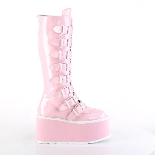 Product image of Demonia DAMNED-318 B. Pink Holo Pat 3 1/2 Inch PF KneeHigh Bootw/8 BuckleStraps Back Metal Zip