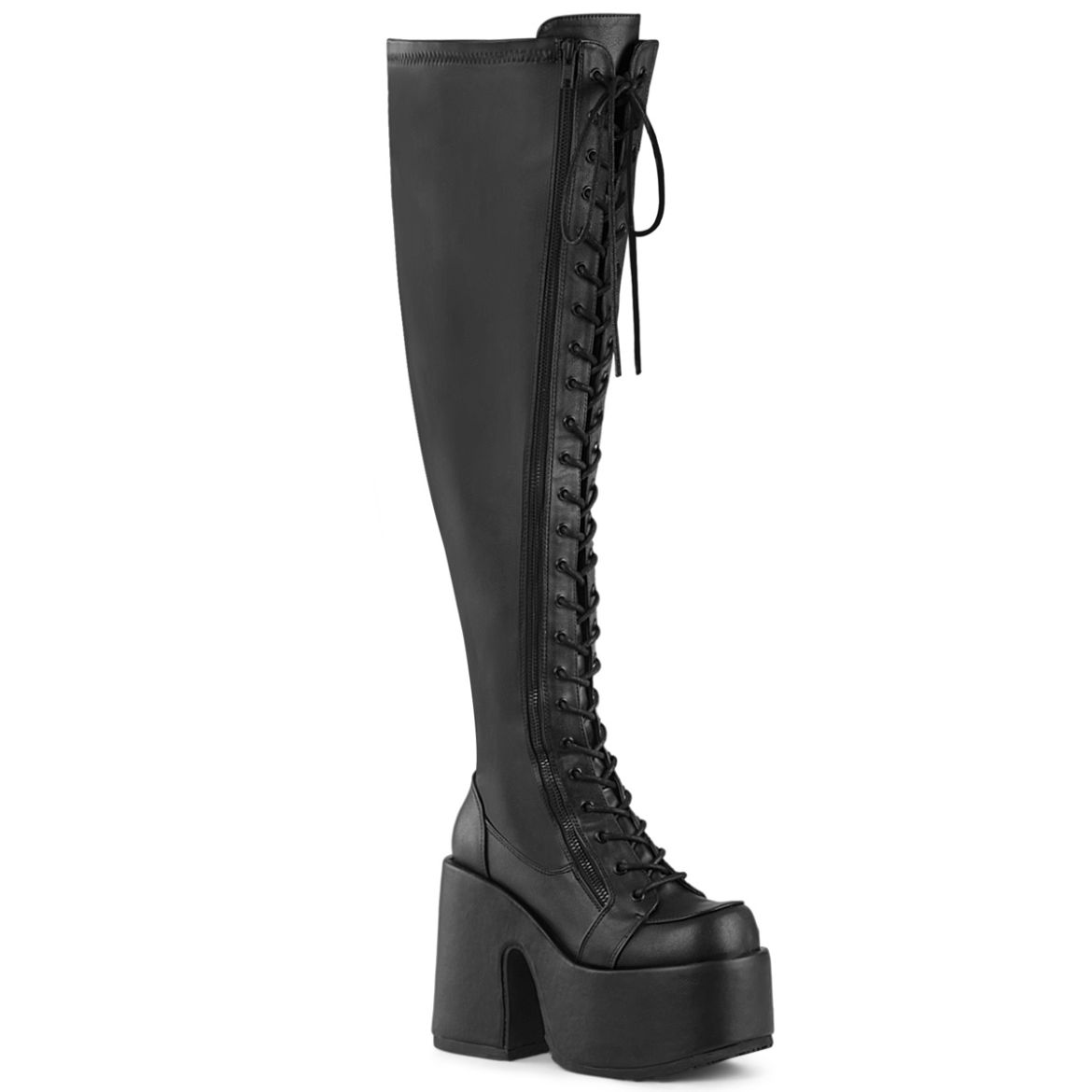 Product image of Demonia CAMEL-300WC Blk Str Vegan Leather 5 Inch Chunky Heel 3 Inch PF Wide Calf Thigh-High BootOutside Zip