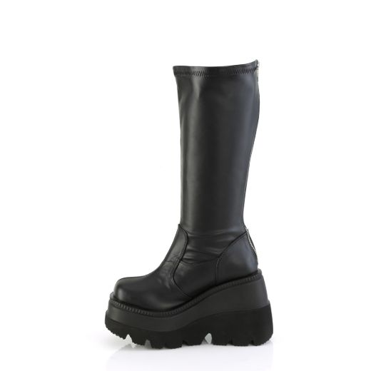 Product image of Demonia SHAKER-65WC Blk Str Vegan Leather 4 1/2 Inch Wedge PF STR Wide Calf Knee High Boot Back Zip