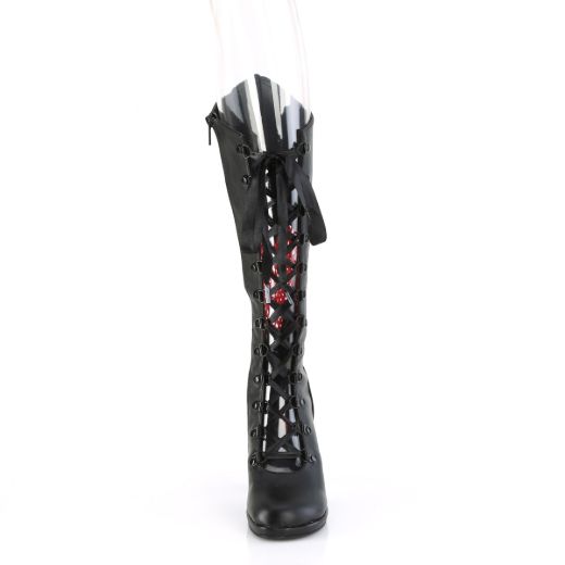 Product image of Demonia GLAM-243 Blk Vegan Leather- Red Satin 3 3/4 Inch Heel 1/2 Inch PF Lace-Up Knee High Boot Inside Zip