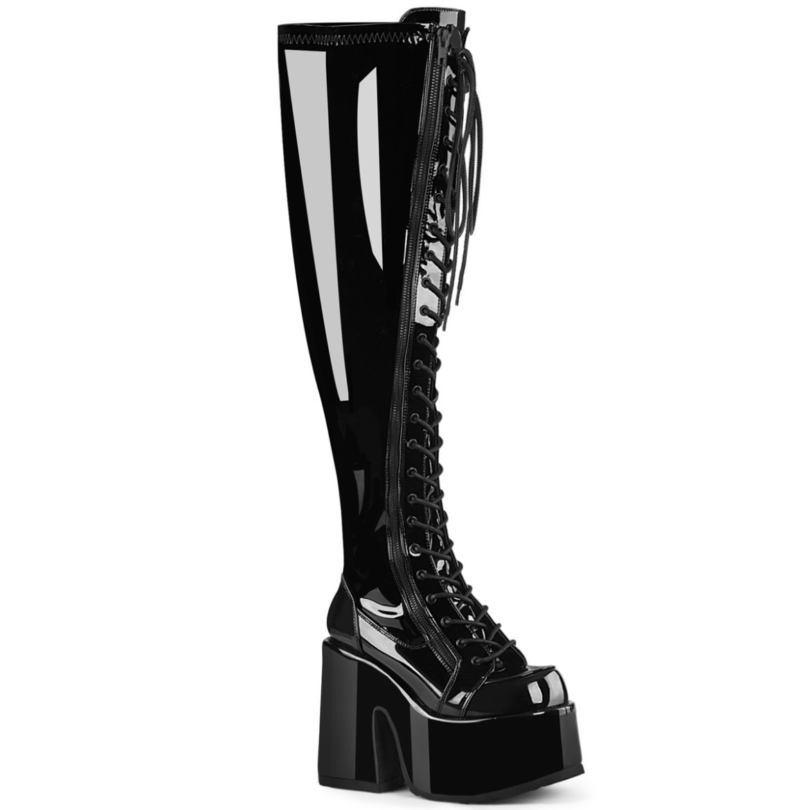 Product image of Demonia CAMEL-300WC Blk Str Pat 5 Inch Chunky Heel 3 Inch PF Wide Calf Thigh-High BootOutside Zip