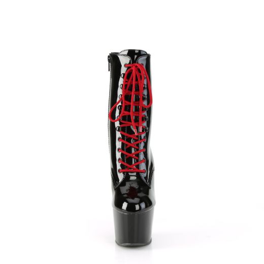 Product image of Pleaser ADORE-1020 Blk Pat/Blk-Red 7 Inch Heel 2 3/4 Inch PF Two Tone Lace-Up Ankle Boot Side ZIp