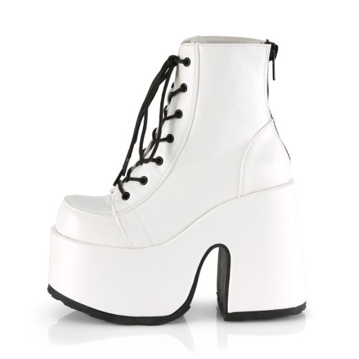 Product image of Demonia Camel-203 White Vegan Leather, 5 inch (12.7 cm) Chunky Heel, 3 inch (7.6 cm) Platform Ankle Boot