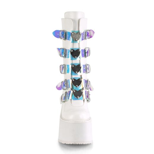Product image of Demonia SWING-230 White Vegan Faux Leather 5 1/2 inch Platform Mid-Calf Boot With  5 Buckles Straps Back Metal Zip