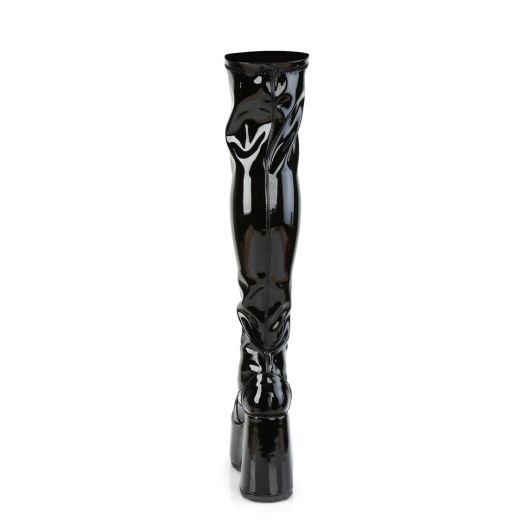 Product image of Demonia CAMEL-300 Black Stretch Patent 5 inch (12.7 cm) Chunky Heel 3 inch (7.6 cm) Platform Thigh-High Lace-Up Boot Outside Zip