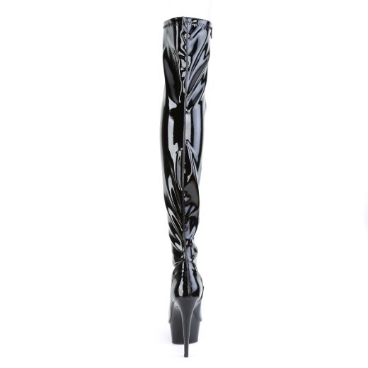 Product image of Pleaser DELIGHT-3011 Black Stretch Patent/Black 6 inch (15.2 cm) Heel 1 3/4 inch (4.5 cm) Platform Peep Toe Thigh High Boot Side Zip