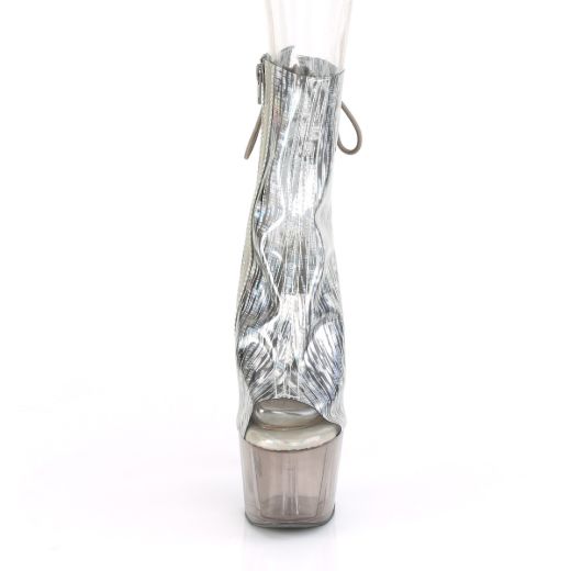 Product image of Pleaser ADORE-1018HCT Clear-Silver Holographic Polyurethane (Pu)/Smoke Tinted 7 inch (17.8 cm) Heel 2 3/4 inch (7 cm) Tinted Platform Open Toe Ankle Boot Side Zip