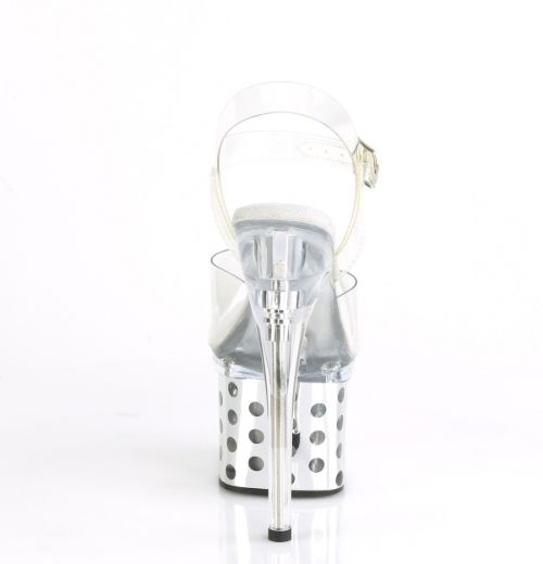 Product image of Pleaser DISCOLITE-708DOTS Clear/Silver Chrome 7 inch (17.8 cm) Heel 3 inch (7.6 cm) Platform Led Illuminated Ankle Strap Sandal