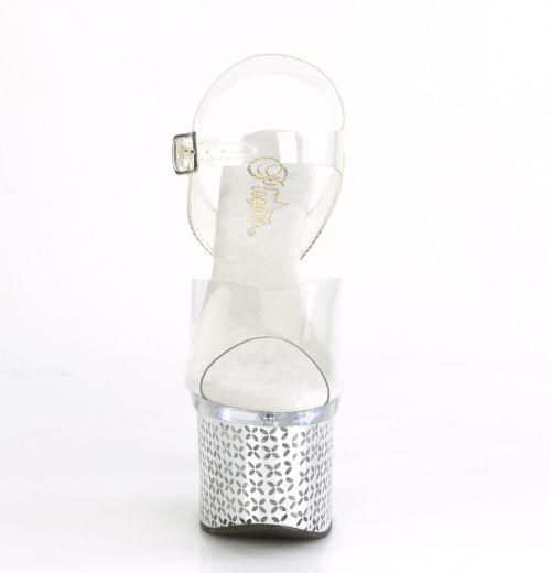 Product image of Pleaser DISCOLITE-708FLP Clear/Silver Chrome 7 inch (17.8 cm) Heel 3 inch (7.6 cm) Platform Led Illuminated Ankle Strap Sandal