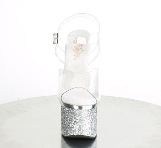 Product image of Pleaser ESTEEM-708CHLG Clear/Silver Chrome-Multicolour Glitter 7 inch (17.8 cm) Heel 3 inch (7.6 cm) Platform Ankle Strap Sandal
