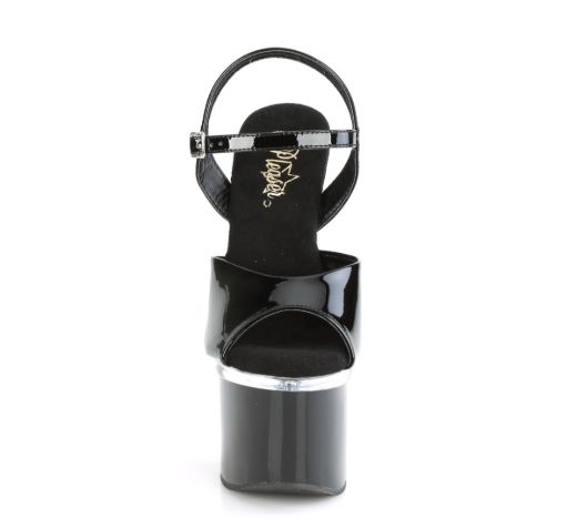 Product image of Pleaser ESTEEM-709 Black Patent/Clear-Black 7 inch (17.8 cm) Heel 3 inch (7.6 cm) Platform Ankle Strap Sandal Shoes