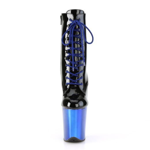 Product image of Pleaser FLAMINGO-1020 Black Patent/Royal Blue Chrome 8 inch (20 cm) Heel 4 inch (10 cm) Platform Lace-Up Front Ankle Boot Side Zip