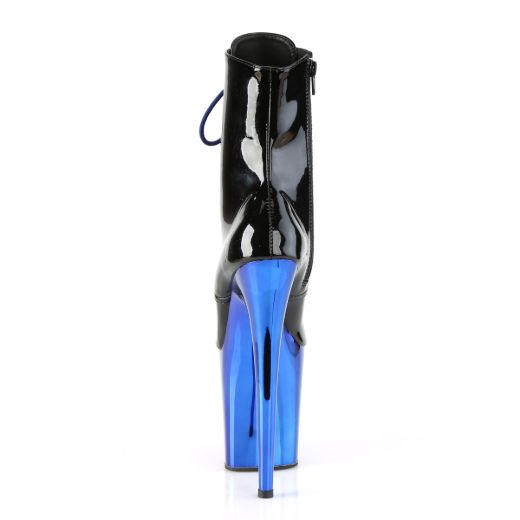 Product image of Pleaser FLAMINGO-1020 Black Patent/Royal Blue Chrome 8 inch (20 cm) Heel 4 inch (10 cm) Platform Lace-Up Front Ankle Boot Side Zip
