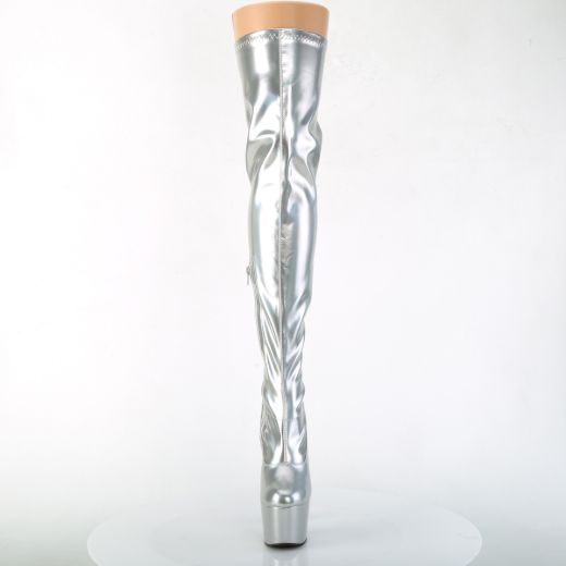 Product image of Pleaser ADORE-3000HWR Silver Stretch Holographic/Silver Holographic 7 inch (17.8 cm) Heel 2 3/4 inch (7 cm) Platform Stretch Thigh Boot Side Zip Thigh High Boot
