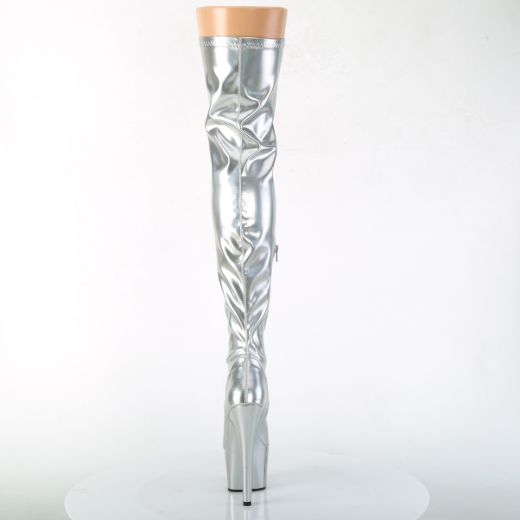 Product image of Pleaser ADORE-3000HWR Silver Stretch Holographic/Silver Holographic 7 inch (17.8 cm) Heel 2 3/4 inch (7 cm) Platform Stretch Thigh Boot Side Zip Thigh High Boot