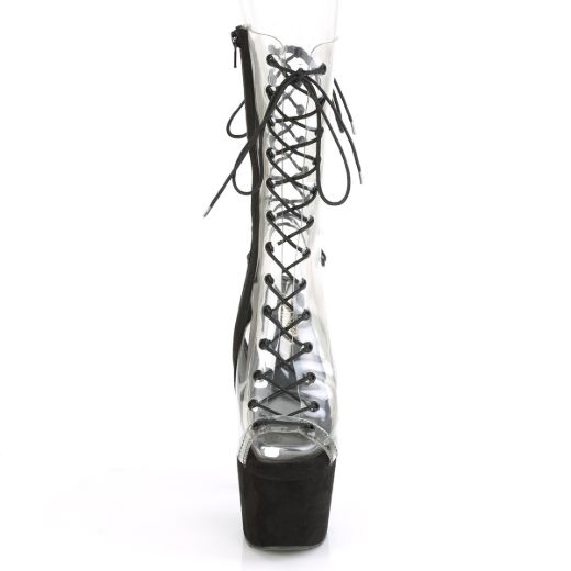 Product image of Pleaser ADORE-700-60FS Clear/Black Faux Suede 7 inch (17.8 cm) Heel 2 3/4 inch (7 cm) Platform Lace-Up Mid Calf Boot Side Zip