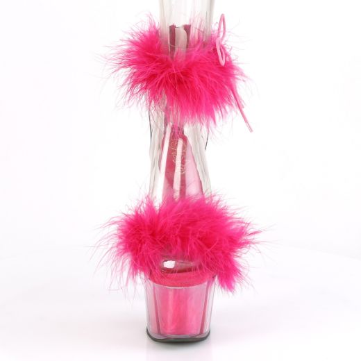 Product image of Pleaser ADORE-724F Clear-Hot Pink Faux Fur/Hot Pink Faux Fur 7 inch (17.8 cm) Heel 2 3/4 inch (7 cm) Platform Faux Feathers Faux Fur Ankle Cuff Sandal Back Zip