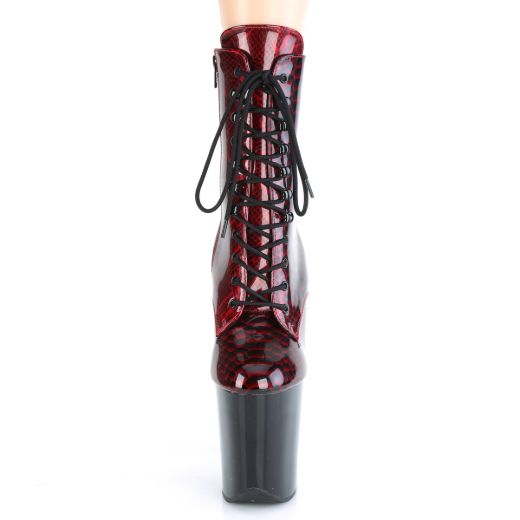 Product image of Pleaser FLAMINGO-1020SP Red Animal Print Print Patent/Black 8 inch (20 cm) Heel 4 inch (10 cm) Platform Lace-Up Front Ankle Boot Side Zip
