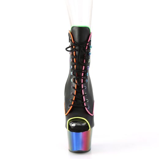 Product image of Pleaser ADORE-1021RC-02 Black Faux Leather/Rainbow Chrome 7 inch (17.8 cm) Heel 2 3/4 inch (7 cm) Platform Peep Toe Lace-Up Ankle Boot Side Zip