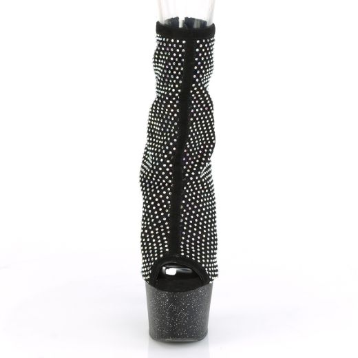 Product image of Pleaser ADORE-1031GM Black Fabric-Rhinestones/Black Matte 7 inch (17.8 cm) Heel 2 3/4 inch (7 cm) Platform Open Toe Ankle Boot Back Zip