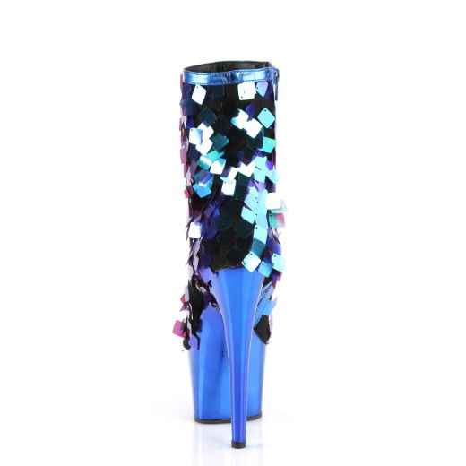 Product image of Pleaser ADORE-1031SSQ Iri.Green Sequins-R.Blue Metpu/R.Bluechrome 7 inch (17.8 cm) Heel 2 3/4 inch (7 cm) Platform Open Toe Ankle Boot Side Zip