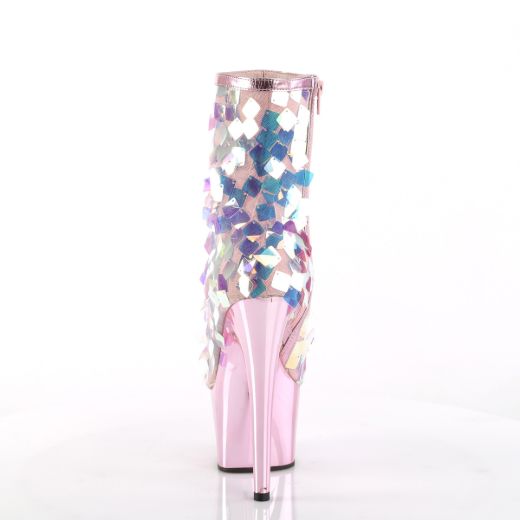 Product image of Pleaser ADORE-1031SSQ Iri.Multicolour Sequins-B.Pink Metallic Polyurethane (Pu)/B.Pink Chrome 7 inch (17.8 cm) Heel 2 3/4 inch (7 cm) Platform Open Toe Ankle Boot Side Zip