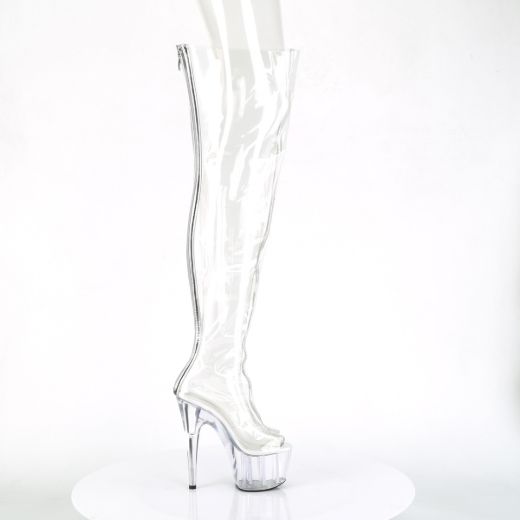 Product image of Pleaser ADORE-3021 Clear Polyurethane (Pu)-Silver Metallic/Clear 7 inch (17.8 cm) Heel 2 3/4 inch (7 cm) Platform Open Toe Thigh High Boot Back Zip