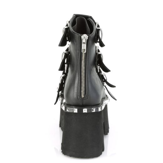 Product image of Demonia ASHES-70 Black V Faux Leather & Holographic 3 1/2 inch (9 cm) Chunky Heel 2 1/4 inch Platform Ankle Boot Back Metal Zip