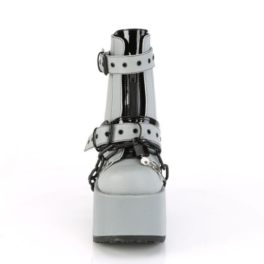Product image of Demonia CAMEL-205 Grey Reflective Vegan Faux Leather 5 inch (12.7 cm) Chunky Heel 3 inch (7.5 cm) P/F Lace-Up Ankle Boot Front Metal Zip