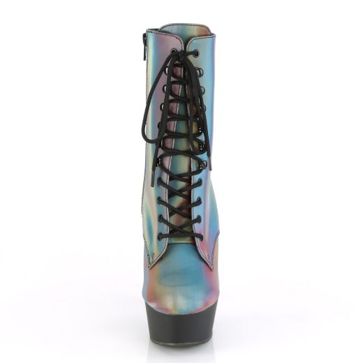 Product image of Pleaser DELIGHT-1020REFL Rainbow Reflective/Black Matte 6 inch (15.2 cm) Heel 1 3/4 inch (4.5 cm) Platform Lace-Up Front Ankle Boot Side Zip