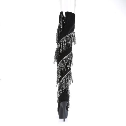 Product image of Pleaser DELIGHT-3065 Black Faux Suede-Silver/Black Matte 6 inch (15.2 cm) Heel 1 3/4 inch (4.5 cm) Platform Thigh Boot With Rhinestones Fringe Inside Zip Thigh High Boot