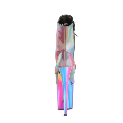 Product image of Pleaser FLAMINGO-1020RC-REFL Rainbow Reflective/Rainbow Chrome 8 inch (20 cm) Heel 4 inch (10 cm) Chromed Platform Lace-Up Ankle Boot Side Zip