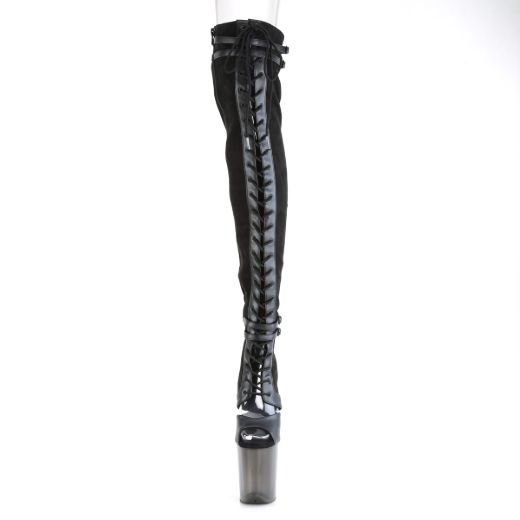 Product image of Pleaser FLAMINGO-3027 Black Faux Suede-Faux Leather/Frosted Black 8 inch (20 cm) Heel 4 inch (10 cm) Platform Lace-Up Front Thigh Side Zip