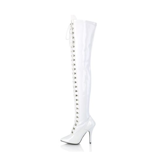 Product image of Pleaser SEDUCE-3024 White Patent 5 inch (12.7 cm) Heel D-Ring Stretch Thigh Boot Side Zip Thigh High Boot