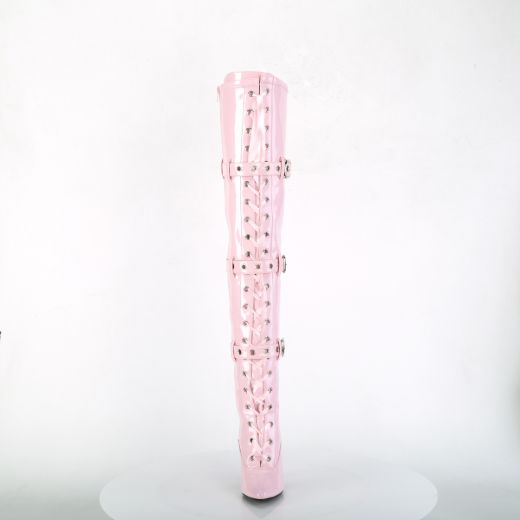 Product image of Pleaser SEDUCE-3028 Baby Pink Stretch Patent 5 inch (12.7 cm) Heel Lace-Up Triple Buckles Straps Thigh Boot Side Zip Thigh High Boot