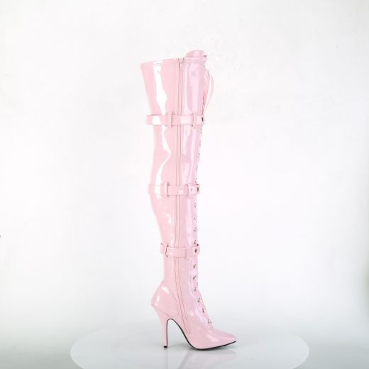 Product image of Pleaser SEDUCE-3028 Baby Pink Stretch Patent 5 inch (12.7 cm) Heel Lace-Up Triple Buckles Straps Thigh Boot Side Zip Thigh High Boot